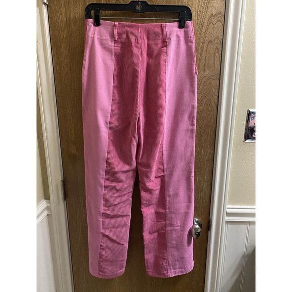 Corduroy Panel Straight Leg Two Tone Pants Bubblegum Pink High Waist Retro Sz M - Picture 2 of 12